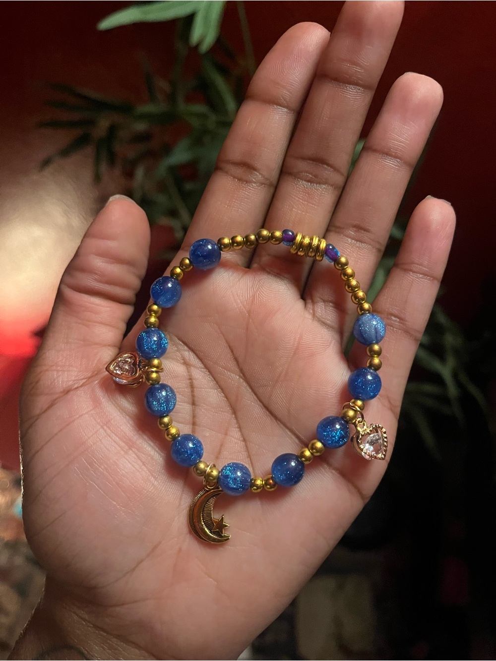Handcrafted Blue Bead Moon Charm Bracelet